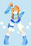 1girl blue_background blue_eyes boots elbow_gloves fuuro_(pokemon) gloves hair_ornament leaning looking_at_viewer midriff navel orange_hair pokemon pokemon_(game) short_shorts shorts simple_background smile solo todamoto wink 