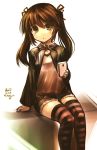  brown_hair cellphone child dated hair_ribbon highres holding jacket kotoba_noriaki long_hair looking_at_viewer open_mouth original phone ribbon short_shorts shorts signature simple_background sitting solo striped striped_legwear sweatdrop thigh-highs thighhighs twintails 