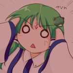  1girl :&lt; berserk brand_of_sacrifice chibi commentary_request face frog frog_hair_ornament green_hair hair_ornament hair_tubes hands_on_own_face kochiya_sanae long_hair lowres o_o open_mouth solo sukedai touhou 
