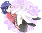  1girl beret blue_eyes blue_hair blush flower hat jiangshi miyako_yoshika ofuda open_mouth outstretched_arms pale_skin short_hair skirt solo star touhou 