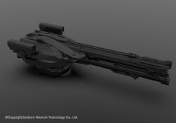  3d cannon commentary company_name copyright_notice english_commentary erich girls_frontline greyscale monochrome no_humans official_art scenery science_fiction shadow tagme weapon_focus 