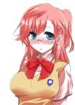  ano_natsu_de_matteru badge blue_eyes blush breasts bust glasses highres long_hair parted_lips pink_hair ponytail red_ribbon ribbon school_uniform simple_background solo sweater_vest takatsuki_ichika tokita_monta white_background 