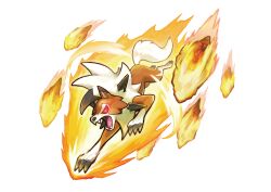  animal_focus artist_request attack claws fangs fire full_body glowing glowing_eyes lycanroc lycanroc_(dusk) no_humans official_art open_mouth orange_fur pokemon pokemon_(creature) pokemon_move red_eyes rock simple_background solo splintered_stormshards_(pokemon) third-party_source v-shaped_eyes white_background white_fur z-move 