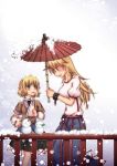  amagumo blonde_hair blush breasts chain chains cuffs green_eyes horn hoshiguma_yuugi long_hair mizuhashi_parsee multiple_girls open_mouth oriental_umbrella pointy_ears scarf short_hair skirt snow snowman touhou umbrella 