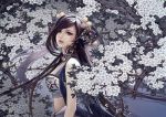  black_hair copyright_request flower lips long_hair piercing solo tree zhang_xiaobai 