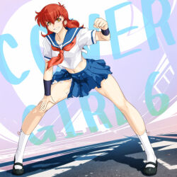  1girl blue_sailor_collar blue_skirt bracer brown_eyes clenched_hand collarbone commentary_request full_body leaning_forward long_hair magami_eiko mary_janes navel project_a-ko qkat_(arikawa-dou) redhead sailor_collar school_uniform serafuku shoes simple_background skirt smile socks solo standing teeth torn_clothes torn_skirt white_socks wind 