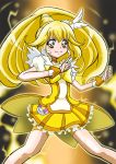  arudebido bike_shorts blonde_hair blush bowtie brown_background choker cure_peace dress electricity kise_yayoi long_hair magical_girl precure puffy_sleeves shorts_under_skirt skirt smile smile_precure! solo tears wrist_cuffs yellow yellow_dress yellow_eyes 