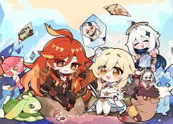  3girls ahoge arm_guards bare_shoulders biker_clothes bikesuit black_gloves black_jacket black_suit blonde_hair bodysuit boots chibi chibi_only chinese_commentary closed_eyes cropped_jacket detached_collar dress earrings floating flower genshin_impact gloves hair_between_eyes hair_flower hair_ornament halo hands_up happy headpiece high_collar highres holding huge_ahoge iktomisaurus_(genshin_impact) jacket jewelry knee_boots knee_up koholasaurus_(genshin_impact) kyou_039 leather leather_jacket leather_suit long_hair long_sleeves looking_at_viewer lumine_(genshin_impact) mavuika_(genshin_impact) multicolored_hair multiple_girls open_mouth orange_eyes outdoors paimon_(genshin_impact) partially_unzipped qucusaurus_(genshin_impact) red_eyes redhead scarf short_dress short_hair sitting star_(symbol) star_hair_ornament streaked_hair suit tepetlisaurus_(genshin_impact) wavy_hair white_dress white_flower white_footwear white_hair white_scarf wide_sleeves yumkasaurus_(genshin_impact) 