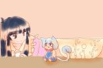  animal_ears black_eyes black_hair blue_hair bowl cat_ears cat_tail houraisan_kaguya kamishirasawa_keine komaku_juushoku long_hair minigirl multiple_girls short_hair tail touhou 