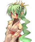  1girl blush breasts detached_sleeves green_hair ju-zika long_hair looking_at_viewer original pointy_ears red_eyes simple_background smile solo very_long_hair white_background 