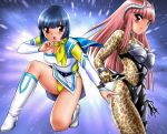  blue_hair blush boots brown_eyes choushinsei_flashman cosplay female leopard_print ley_nefel ley_nefel_(cosplay) long_hair multiple_girls open_mouth original pink_hair sara_(flashman) sara_(flashman)_(cosplay) shingyouji_tatsuya short_hair super_sentai 