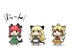  :3 animal_ears blonde_hair cat_ears cat_tail chibi haruka_akito harunatsu_akito kaenbyou_rin kemonomimi_mode kirisame_marisa multiple_girls red_hair redhead tail tiger_ears tiger_print tiger_tail toramaru_shou touhou 