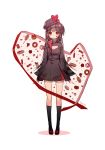  1girl breasts brown_hair c: chocolate chocolate_bar cleavage cleavage_cutout corndog doughnut food fruit full_body hat heart ice_cream ice_cream_cone long_hair looking_at_viewer macaron original red_eyes smile solo sorolp standing strawberry tomato 