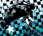  beniboshi bikini_top black_hair black_rock_shooter black_rock_shooter_(character) blue_eyes blue_fire boots checkered checkered_background fire hoodie katana navel pale_skin short_shorts shorts solo sword twintails weapon white_skin 