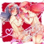  2girls blue_eyes blue_hair blush hair_ornament hair_ribbon hanasaki_tsubomi heart heartcatch_precure! kurumi_erika kuzumochi long_hair multiple_girls pink_eyes pink_hair precure ribbon smile sweater_dress twintails valentine wink 