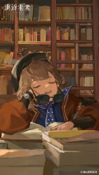  1girl absurdres blue_dress blue_neckerchief book book_stack bookshelf bookstore brown_hair cabbie_hat closed_eyes copyright_name copyright_notice crooked_eyewear dress drooling elbow_rest hand_on_own_cheek hand_on_own_face hat head_rest highres indoors jacket ladder logo long_sleeves neckerchief official_art official_wallpaper open_book open_mouth polka_dot_neckerchief puffy_long_sleeves puffy_sleeves red_jacket regulus_(reverse:1999) reverse:1999 shop short_hair sleeping sleeping_upright solo sunglasses upper_body watch watch 