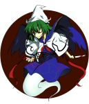  blood capelet dress ghost ghost_tail green_eyes green_hair hat highly_responsive_to_prayers hiseki_(tknkkm) knife long_hair mima ribbon sailor_dress simple_background smile solo touhou touhou_(pc-98) wings wink 