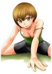  breasts brown_eyes brown_hair cleavage down_blouse exercise face foreshortening hands highres ikusa_ryuuji lips looking_at_viewer off_shoulder persona persona_4 satonaka_chie short_hair simple_background spaghetti_strap strap_slip stretch tank_top vest 