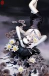  black_hair copyright_request dress flower hair_ornament long_hair on_back pale_skin signature solo zhang_xiaobai 