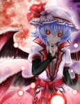  alternate_costume bat_wings blue_hair dress flower full_moon gloves hat highres koumajou_densetsu moon red_eyes red_moon remilia_scarlet ribbon short_hair smile solo touhou wings 