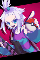  1girl :d absurdres bass_guitar black_background blue_eyes blue_shirt commentary_request drop_shadow freckles hair_bobbles hair_ornament highres holding holding_bass_guitar holding_instrument holding_poke_ball instrument lower_teeth_only open_mouth pink_background poke_ball poke_ball_(basic) pokemon pokemon_bw2 purple_shirt roxie_(pokemon) runa_(luna_naut) shirt signature smile solo striped_clothes striped_shirt teeth topknot two-tone_shirt v-shaped_eyebrows white_hair 