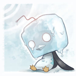  arm_support border closed_mouth commentary_request eiscue eiscue_(ice) full_body head_tilt highres ice melting no_humans o_o pokemon pokemon_(creature) signature sitting warabimoti168 white_border 