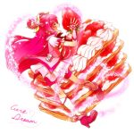  1girl bike_shorts boots character_name cure_dream food fruit gloves hair_ornament hair_ribbon kuzumochi long_hair magical_girl open_mouth oversized_object pink_hair precure puffy_sleeves ribbon shorts_under_skirt skirt smile solo strawberry yes!_precure_5 yumehara_nozomi 