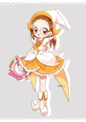  1girl absurdres boots brown_eyes brown_hair dress earrings fujiwara_hazuki full_body glasses gloves grey_background hair_slicked_back hat highres holding holding_weapon jewelry long_hair looking_at_viewer magical_girl ojamajo_doremi open_mouth orange_dress smile solo two-tone_dress weapon white_dress white_footwear white_gloves white_hat witch_hat yknu_oekaki 