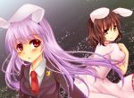  amagumo animal_ears blush breasts brown_hair bunny_ears crescent dress inaba_tewi long_hair looking_back multiple_girls necktie open_mouth purple_hair red_eyes reisen_udongein_inaba short_hair skirt smile star tail touhou 