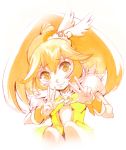  blonde_hair blush cure_peace face hands hirokazu kise_yayoi long_hair magical_girl ponytail precure smile_precure! solo squatting v white_background yellow_eyes 