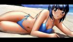  :o arm_support beach bikini blue_hair blush breasts brown_hair cleavage letterboxed navel original photo_background sand shingyouji_tatsuya short_hair side-tie_bikini solo swimsuit thigh_gap wet 