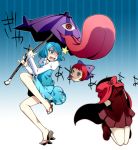  2girls :p blue_eyes blue_hair bow brown_eyes cape hair_bow heterochromia karakasa_obake multiple_girls open_mouth red_eyes redhead scared sekibanki short_hair skirt t0kiwa tatara_kogasa tears tongue tongue_out touhou umbrella 