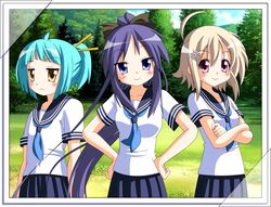  aqua_hair blonde_hair blue_eyes blue_hair extra hiiragi_miki long_hair lucky_star multiple_girls photo_(object) ponytail red_eyes rindou_(awoshakushi) school_uniform serafuku short_hair teenage yellow_eyes young 