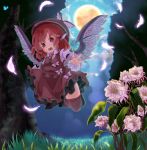  animal_ears brown_eyes brown_legwear dress feathers fingernails flower flying full_moon glowing grass hat highres hutaba123 long_fingernails looking_at_viewer moon moonlight mystia_lorelei nature night open_mouth outstretched_hand red_eyes short_hair solo thigh-highs thighhighs touhou tree wings 