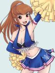  amemiya_sayaka armpits bare_shoulders breasts brown_eyes brown_hair cheerleader cleavage detached_sleeves halter_top halterneck hamu_agaki long_hair midriff navel open_mouth osu!_tatakae!_ouendan pleated_skirt pom_poms ponytail shiny shiny_skin simple_background skirt smile 