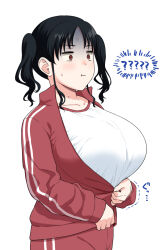  1girl :t ? ?? black_hair breasts brown_eyes bursting_breasts closed_mouth collarbone commentary_request eyebrows gym_shirt huge_breasts jacket jitome nagachichi_chika_idol-chan_(yue_(show-ei)) original pants partially_unzipped red_jacket red_pants red_track_suit shaded_face shirt short_twintails sidelocks simple_background solo sportswear standing surprised sweat track_pants trembling turn_pale twintails undersized_clothes upper_body v-shaped_eyebrows wavy_hair white_background white_shirt yue_(show-ei) 