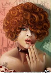 1girl collar dahlia_khodur earrings ed_edd_n_eddy facebook female female_focus fingernails lee_kanker one_eye_covered orange_hair polka_dot polka_dot_shirt realistic red_lips scribble scribble_background scribble_text skull solo solo_focus