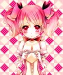  1girl argyle argyle_background bad_id bow breasts checkered checkered_background choker gloves hair_bow kaname_madoka magical_girl mahou_shoujo_madoka_magica patatata pink pink_background pink_eyes pink_hair puffy_sleeves short_hair short_twintails solo twintails unbuttoning under_boob underboob undressing white_gloves 