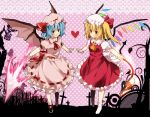  ascot blonde_hair blue_hair emyu flandre_scarlet fujishiro_emyu hat heart laevatein multiple_girls red_eyes remilia_scarlet short_hair siblings side_ponytail sisters spear_the_gungnir symmetry touhou wings 