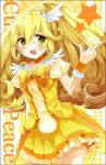  blonde_hair bow bowtie character_name chiruku cure_peace dress hair_ornament hairpin kise_yayoi long_hair magical_girl precure ribbon skirt smile smile_precure! solo star v yellow yellow_background yellow_dress yellow_eyes 