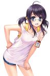  antenna_hair black_hair blue_eyes collarbone glasses hand_on_hip hips id_card leaning_forward lono lowres off_shoulder open_mouth original purple_hair shirt_tug short_twintails shorts simple_background solo tank_top twintails 