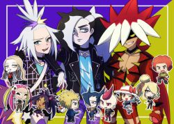  6+boys 6+girls \m/ afro arm_on_another's_shoulder black_gloves black_hair black_jacket blonde_hair brown_eyes brown_hair chibi closed_eyes collarbone commentary_request cynthia_(pokemon) cynthia_(sygna_suit)_(pokemon) dark-skinned_female dark_skin earrings eyeshadow fake_horns fingerless_gloves flint_(pokemon) freckles gloves green_eyes grimsley_(pokemon) guitar hair_over_one_eye haruki_sparsa holding holding_poke_ball horns instrument iris_(fall_2022)_(pokemon) iris_(pokemon) jacket jewelry looking_at_another lyra_(pokemon) lyra_(summer_2020)_(pokemon) makeup multiple_boys multiple_girls nail_polish official_alternate_costume oleana_(pokemon) open_clothes open_jacket open_mouth outline pale_skin pants pantyhose pendant_choker piers_(pokemon) piers_(sygna_suit)_(pokemon) pink_hair plaid_clothes plaid_pants plumeria_(pokemon) poke_ball poke_ball_(basic) pokemon pokemon_bw pokemon_dppt pokemon_masters_ex pokemon_oras pokemon_sm pokemon_swsh quad_tails red_eyes redhead roxie_(pokemon) roxie_(sygna_suit)_(pokemon) ryuki_(pokemon) scarf sidney_(pokemon) smile star_(symbol) tongue tongue_out topknot two-tone_background volkner_(pokemon) white_hair white_outline yellow_scarf 