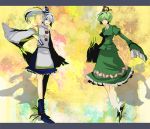  2girls bad_id bare_shoulders blue_eyes detached_sleeves dress ghost ghost_tail green_dress green_hair hat japanese_clothes long_sleeves mononobe_no_futo multiple_girls ofuda open_mouth ponytail short_hair silver_hair skirt smile soga_no_tojiko tate_eboshi touhou 