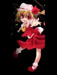  1girl aki_(akikaze_asparagus) blonde_hair fang flandre_scarlet hat hat_ribbon outstretched_hand red_eyes ribbon shaded_face side_ponytail solo touhou wings 