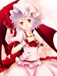  ascot bad_id bat_wings brooch hat highres jewelry lavender_hair red_eyes remilia_scarlet short_hair skirt smile solo touhou wings wrist_cuffs yutazou 