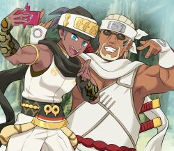  2boys arm_guards black_hair blonde_hair crossover dark-skinned_male dark_skin facial_hair facial_mark forehead_protector highres holding killer_bee multiple_boys muscular naruto_(series) naruto_shippuuden ninja official_alternate_costume open_mouth pokemoa pokemon pokemon_(creature) pokemon_masters_ex raihan_(pokemon) rotom rotom_phone scarf selfie short_hair sleeveless smile sunglasses undercut weapon 