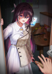  1girl azki_(4th_costume)_(hololive) azki_(hololive) baseball_bat boxcutter brown_hair collared_dress colored_inner_hair commentary_request dress fang google_maps hair_intakes hammer highres hiiragi_melt holding holding_baseball_bat holding_weapon hololive indoors long_hair looking_at_viewer mole mole_under_eye multicolored_hair nail_(hardware) nail_bat official_alternate_costume official_alternate_hairstyle open_mouth pink_hair pov shaded_face solo_focus streaked_hair very_long_hair violet_eyes virtual_youtuber weapon white_dress white_hair yandere 