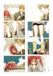  1girl akiko_(camphre) baggy_shorts basket blush car comic couple dandruff feeding flaky flippy food green_eyes green_hair happy_tree_friends height_difference kneepits long_hair messy_hair motor_vehicle personification red_eyes red_hair redhead short_hair silent_comic vehicle 