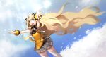  armpits arms_up bare_shoulders blonde_hair blue_eyes bracelet headset jewelry long_hair nawol open_mouth pointy_ears seeu skirt smile solo thigh-highs thighhighs very_long_hair vocaloid 