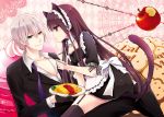  1girl animal_ears black_gloves black_legwear cat_ears cat_tail chiharu0613 couple food garter_belt gloves headdress heterochromia inu_x_boku_ss long_hair maid miketsukami_soushi purple_hair shirakiin_ririchiyo sitting smile tail thigh-highs thighhighs very_long_hair 